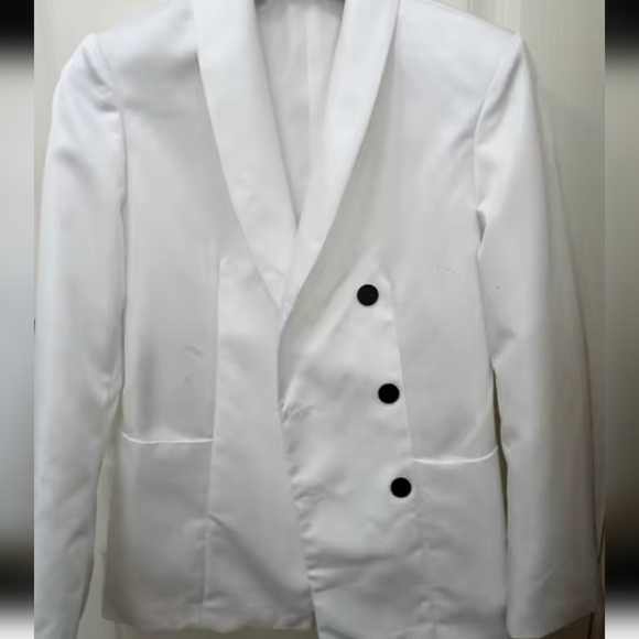 White Stand Collar Jacket Coat Double Pocket Elegant Socialite Women Cuff Button - Picture 14 of 15